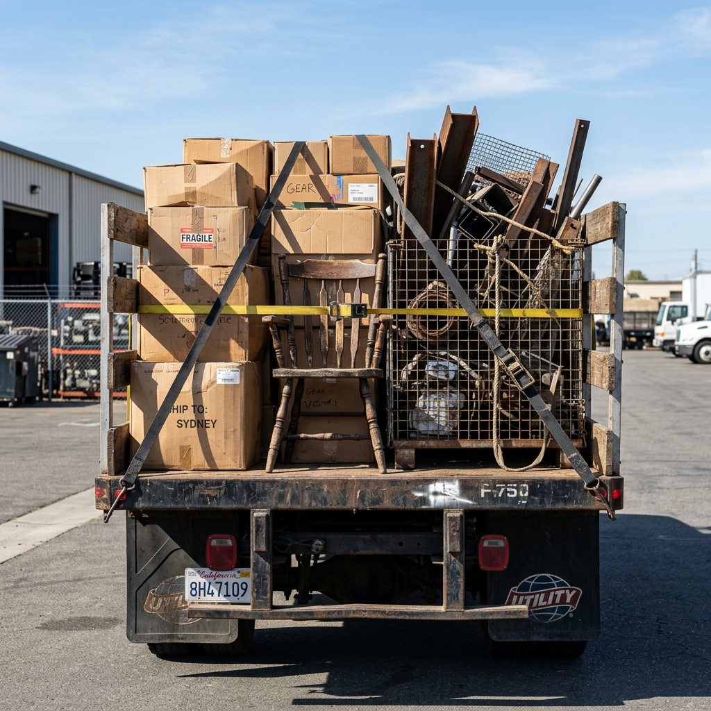 Flatbed truck neatly loaded with boxes and old furniture